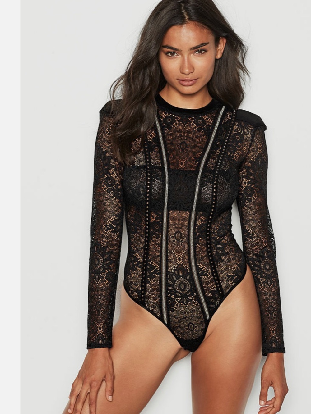 Victoria's Secret Black Lace Embellished Long-Sleeve Bodysuit - NWOT